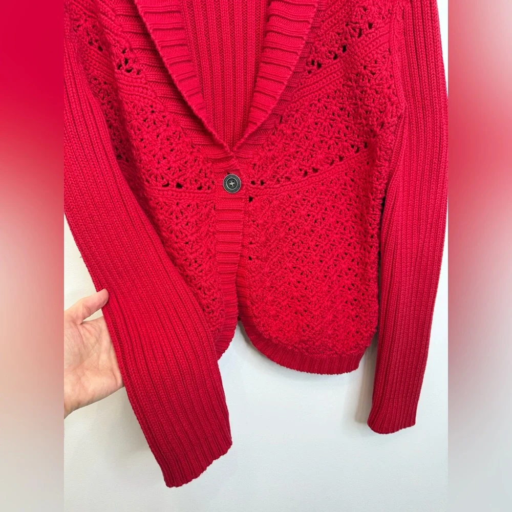 Chico's Red Ribbed Knit Crochet Cardigan Sweater Shawl Collar Women's Size Large